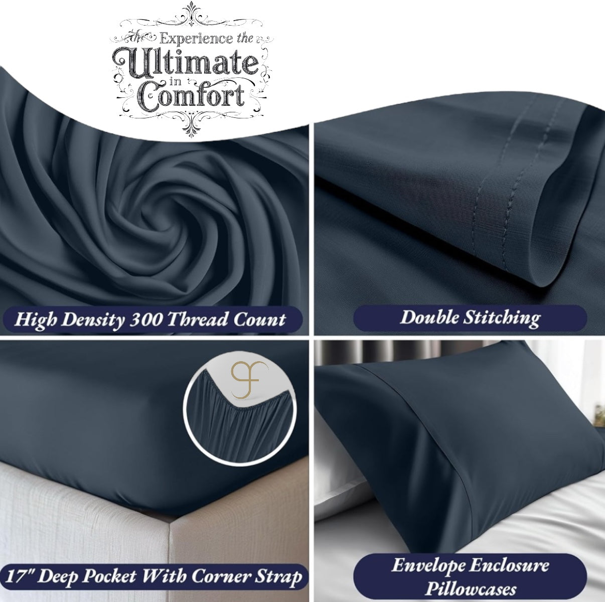 Double Size GF 100% Organic Bamboo 300tc Luxurious sateen weave Bedding Set Duvet Cover, Extra Deep 40cm Fitted Sheet, 2 x Pillow Cases