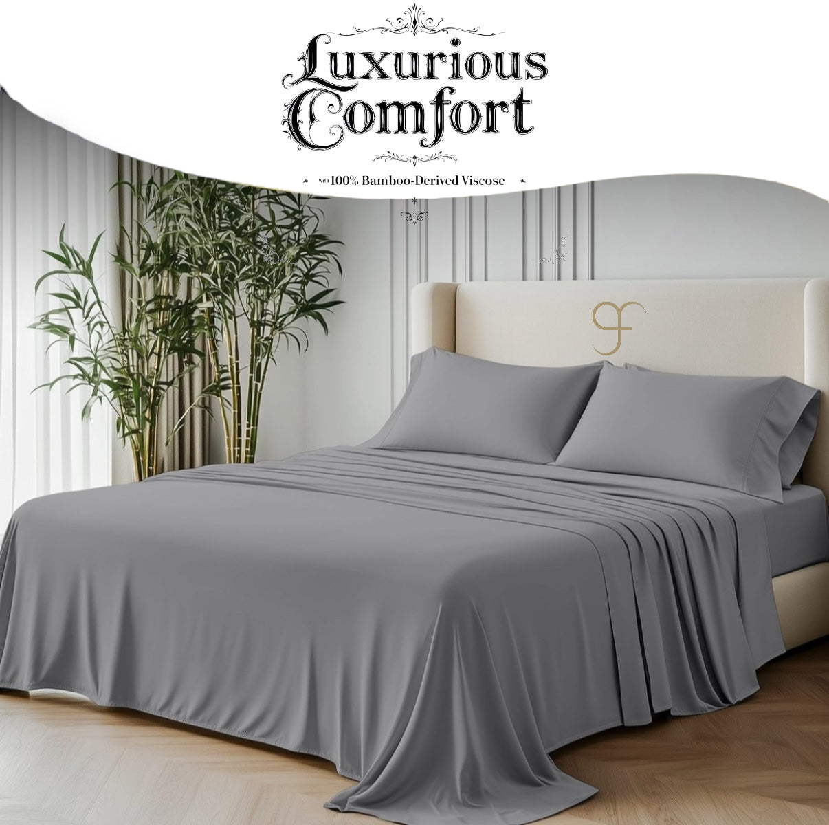 Double Size GF 100% Organic Bamboo 300tc Luxurious sateen weave Bedding Set Duvet Cover, Extra Deep 40cm Fitted Sheet, 2 x Pillow Cases