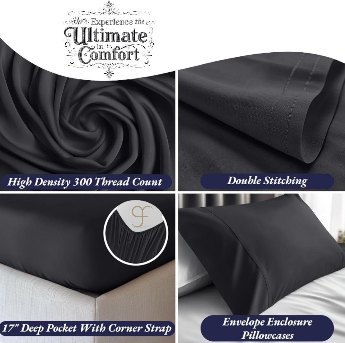 Double Size GF 100% Organic Bamboo 300tc Luxurious sateen weave Bedding Set Duvet Cover, Extra Deep 40cm Fitted Sheet, 2 x Pillow Cases