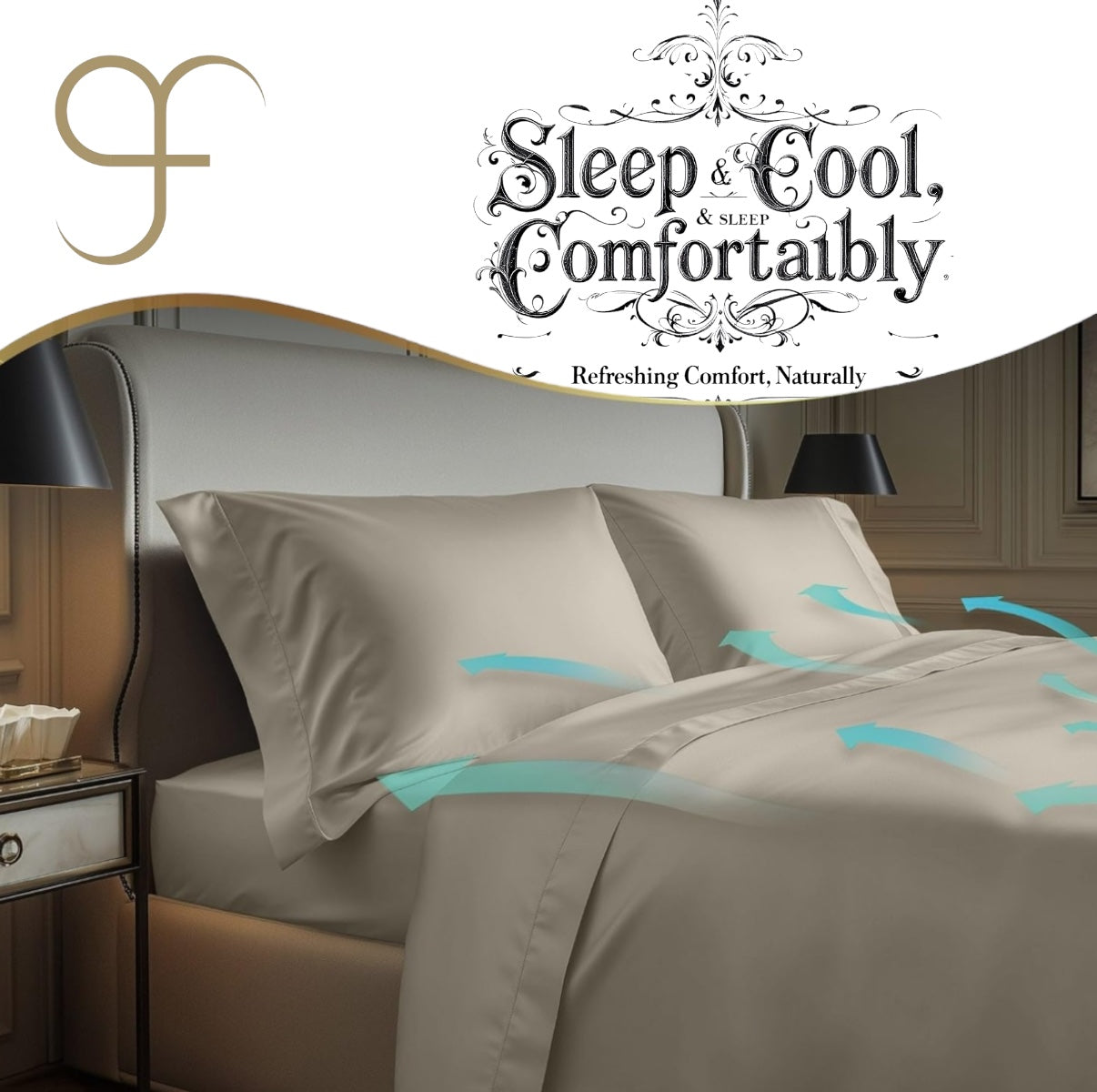 Double Size GF 100% Organic Bamboo 300tc Luxurious sateen weave Bedding Set Duvet Cover, Extra Deep 40cm Fitted Sheet, 2 x Pillow Cases