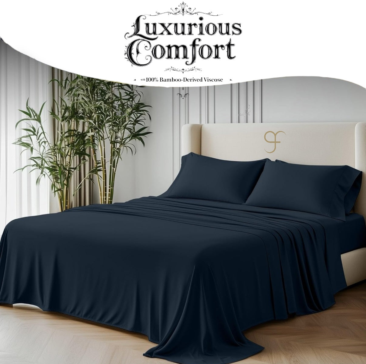 Double Size GF 100% Organic Bamboo 300tc Luxurious sateen weave Bedding Set Duvet Cover, Extra Deep 40cm Fitted Sheet, 2 x Pillow Cases