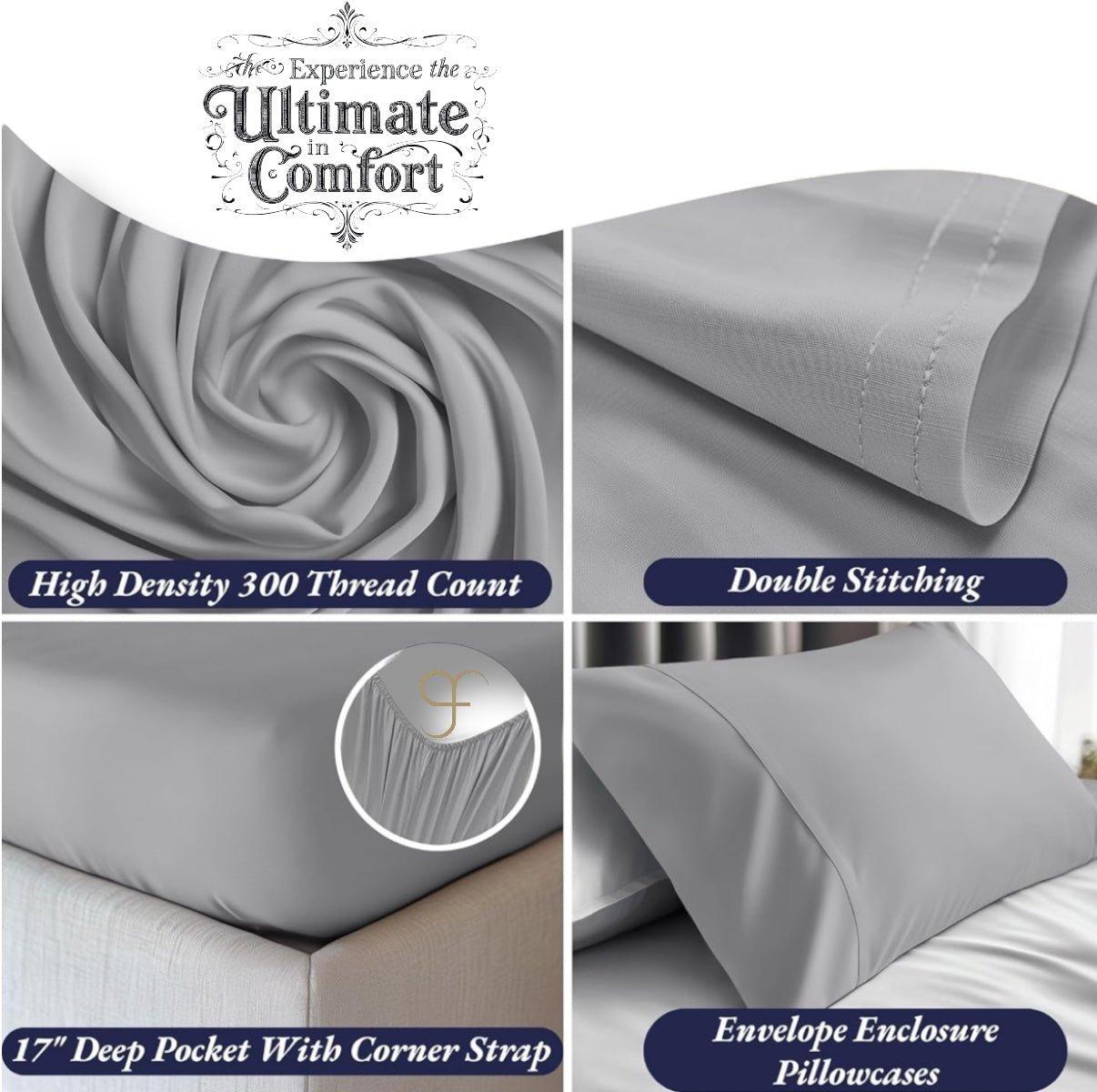 Double Size GF 100% Organic Bamboo 300tc Luxurious sateen weave Bedding Set Duvet Cover, Extra Deep 40cm Fitted Sheet, 2 x Pillow Cases