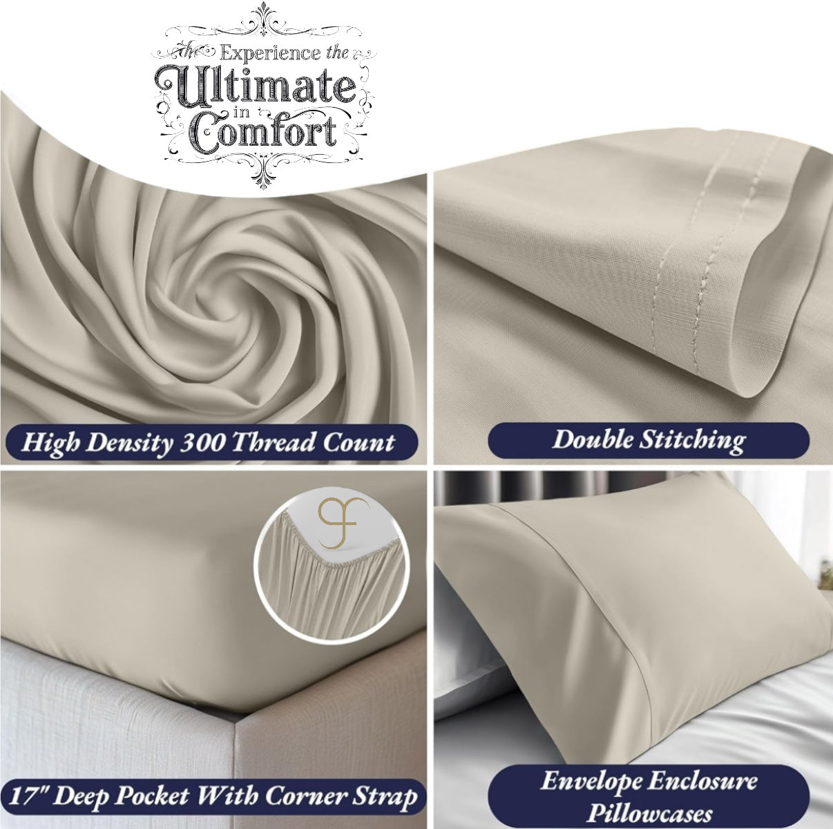 Double Size GF 100% Organic Bamboo 300tc Luxurious sateen weave Bedding Set Duvet Cover, Extra Deep 40cm Fitted Sheet, 2 x Pillow Cases
