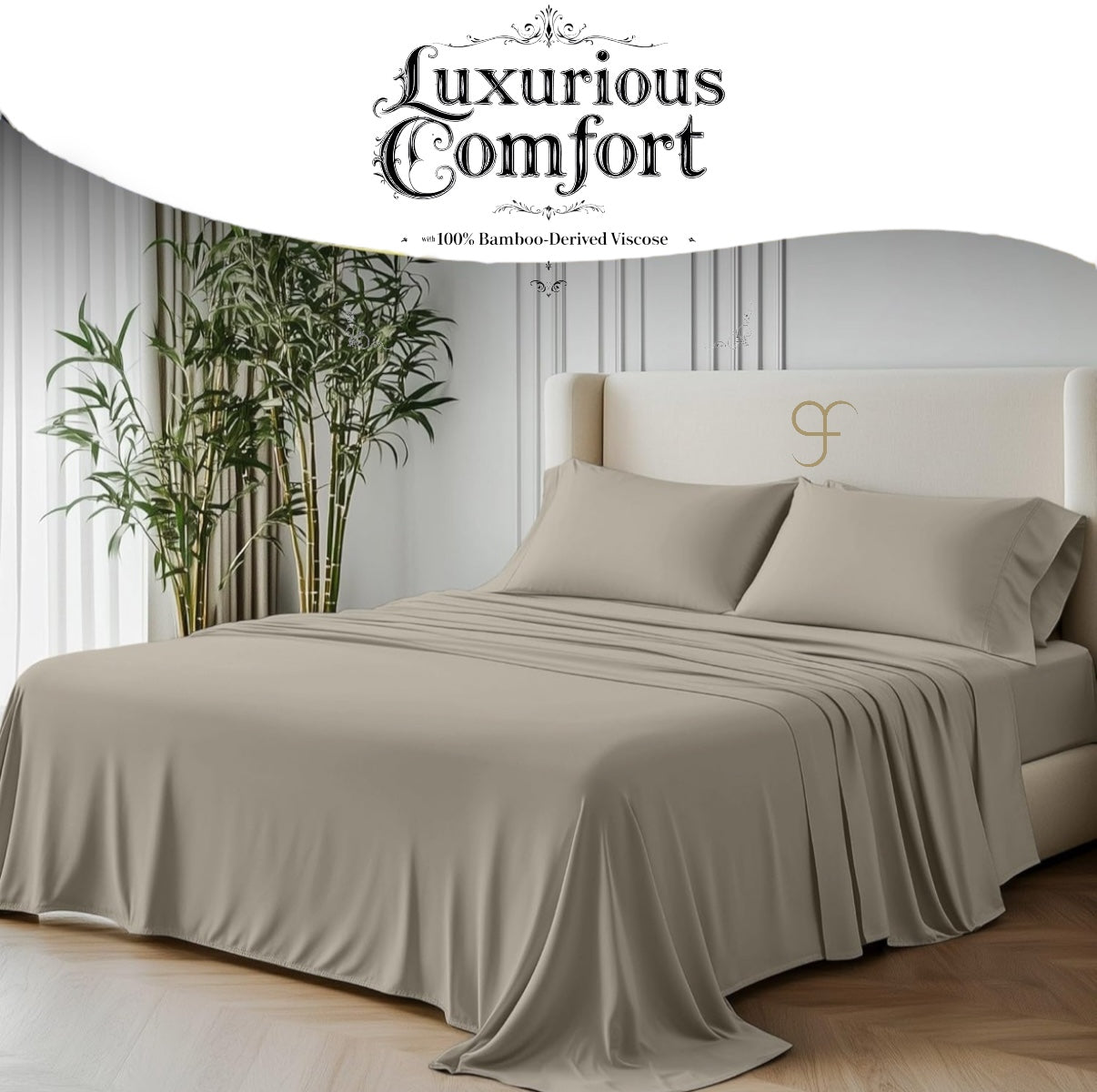 Double Size GF 100% Organic Bamboo 300tc Luxurious sateen weave Bedding Set Duvet Cover, Extra Deep 40cm Fitted Sheet, 2 x Pillow Cases
