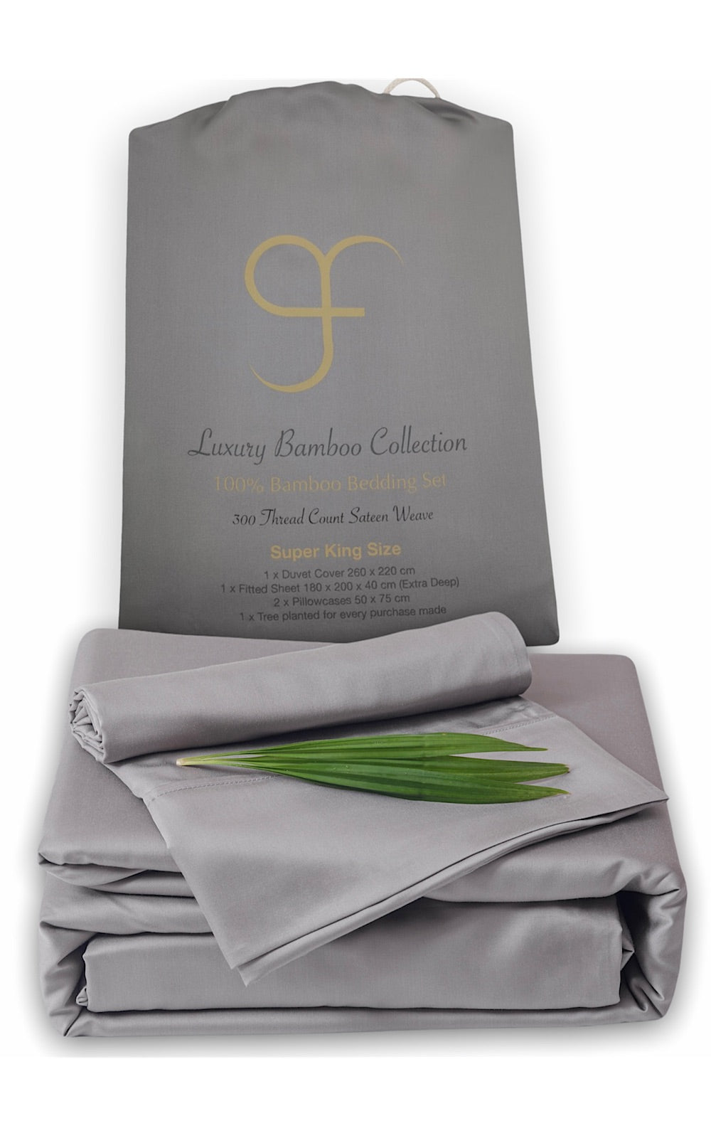 Grey Super King Size GF 100% Organic Bamboo 300tc Luxurious sateen weave Bedding Set Duvet Cover, Extra Deep 40cm Fitted Sheet, 2 x Pillow Cases
