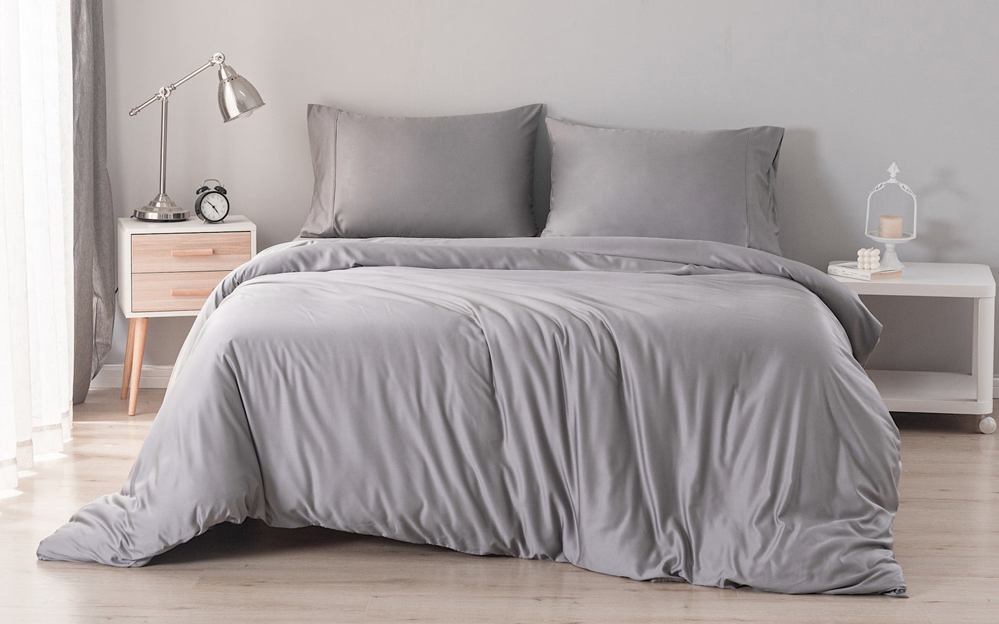Grey Super King Size GF 100% Organic Bamboo 300tc Luxurious sateen weave Bedding Set Duvet Cover, Extra Deep 40cm Fitted Sheet, 2 x Pillow Cases