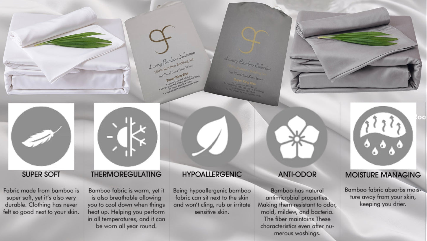 White Super King Size GF 100% Organic Bamboo 300tc Luxurious sateen weave Bedding Set Duvet Cover, Extra Deep 40cm Fitted Sheet, 2 x Pillow Cases