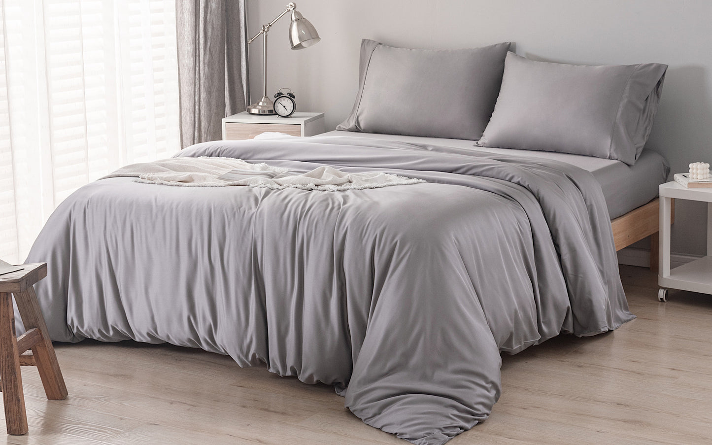 Grey King Size GF 100% Organic Bamboo 300tc Luxurious sateen weave Bedding Set Duvet Cover, Extra Deep 40cm Fitted Sheet, 2 x Pillow Cases
