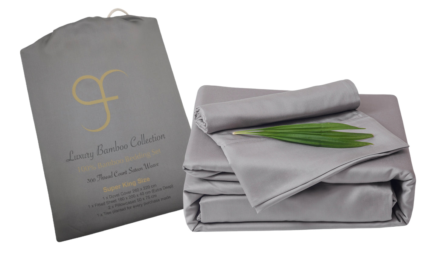 Grey Double GF 100% Organic Bamboo 300tc Luxurious sateen weave Bedding Set Duvet Cover, Extra Deep 40cm Fitted Sheet, 2 x Pillow Cases